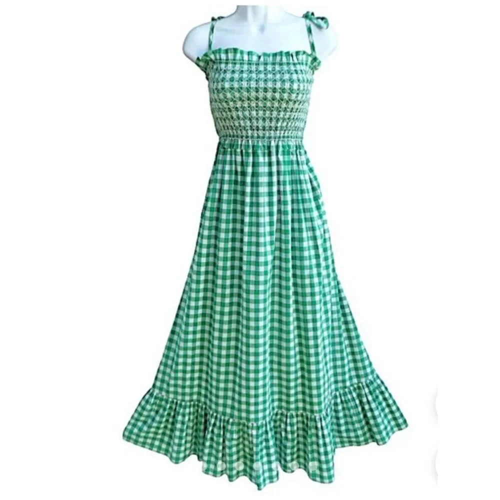 0008kate spade Green Gingham Smocked Maxi Dress